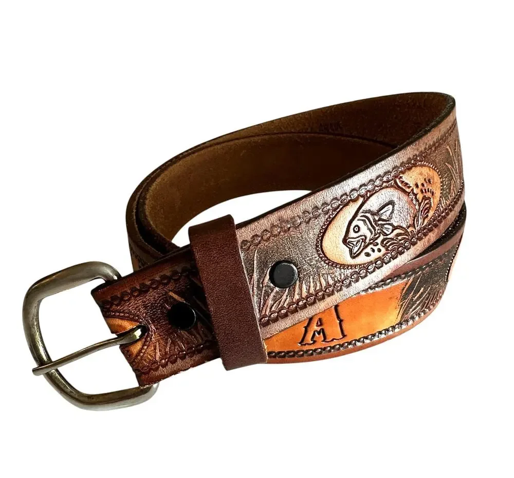 Grandpa Fishing Belt Mens Size 40 Brown Tooled Cowhide Leather Fish